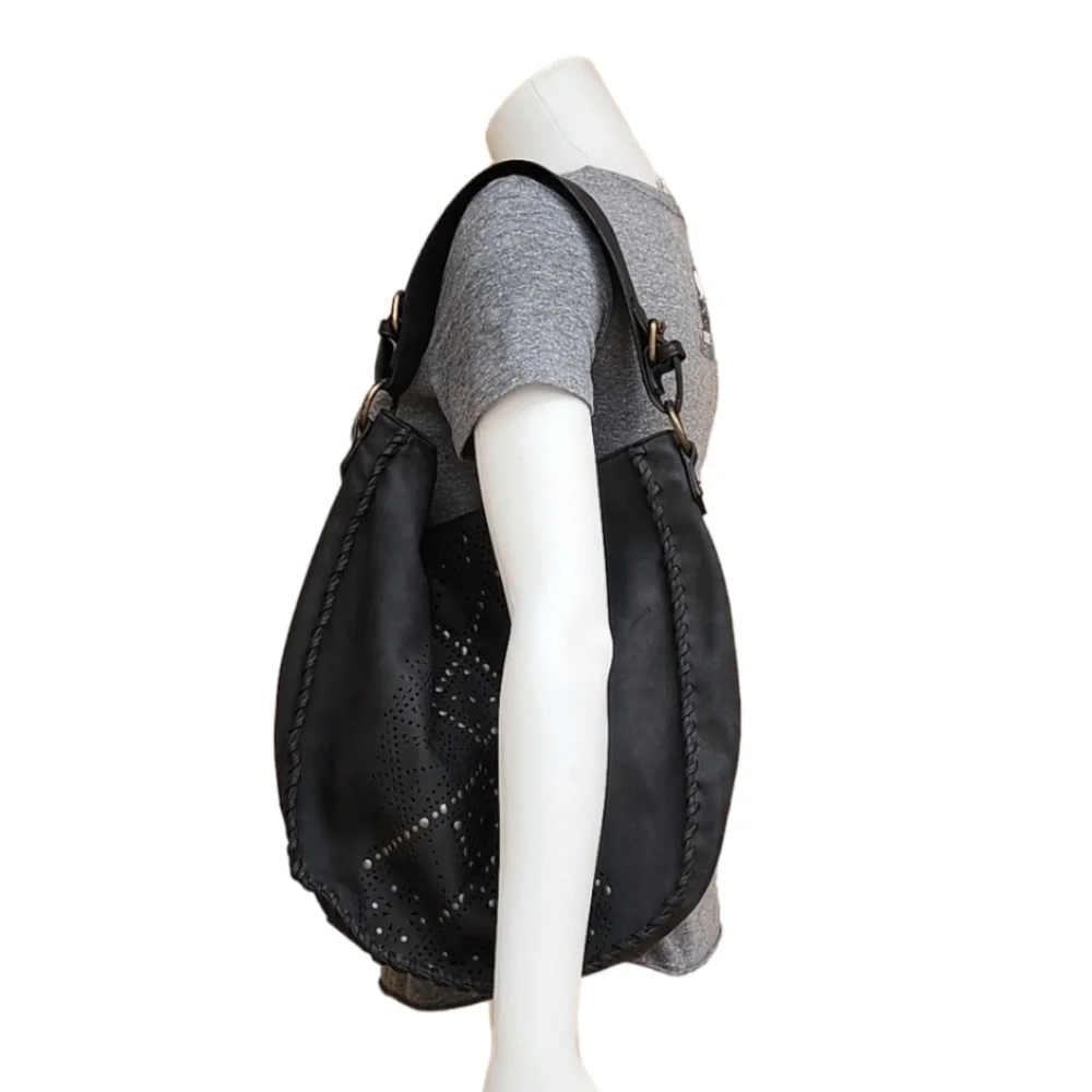 ELLE JAE GYPSET ANTHRO Black Whipstitch Studded Hobo Shoulder Bag Purse Vegan